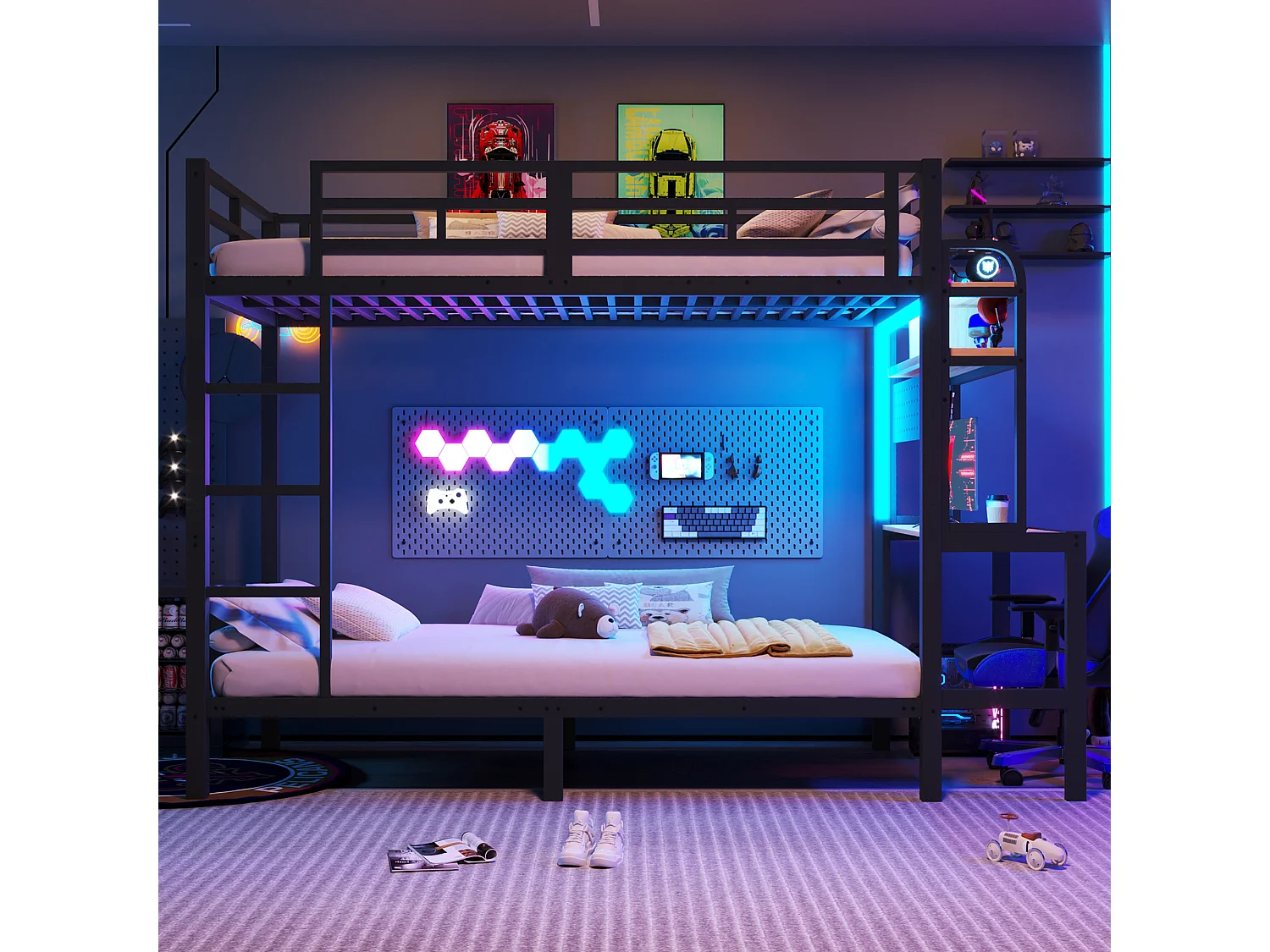 Stapelbed 90 x 200 cm met bureau, planken, ledverlichting en USB-poorten – Metaal en MDF – Veiligheidshekje – Zwart (Matras niet inbegrepen)