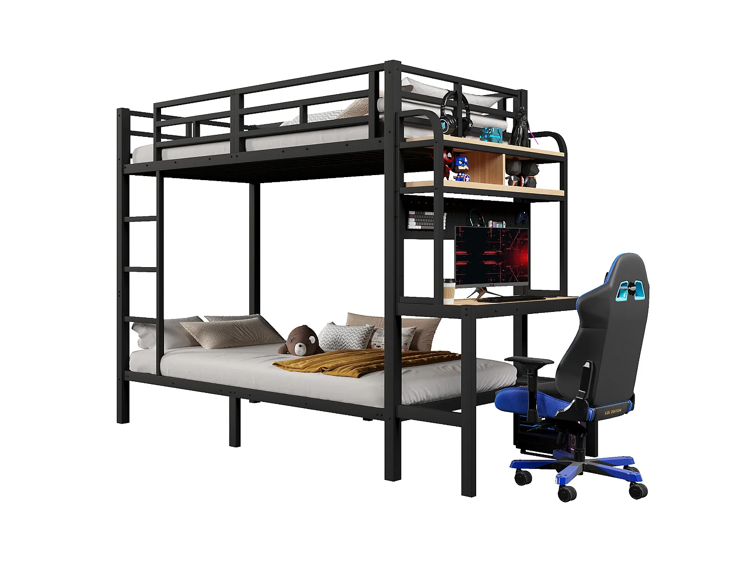 Stapelbed 90 x 200 cm met bureau, planken, ledverlichting en USB-poorten – Metaal en MDF – Veiligheidshekje – Zwart (Matras niet inbegrepen)