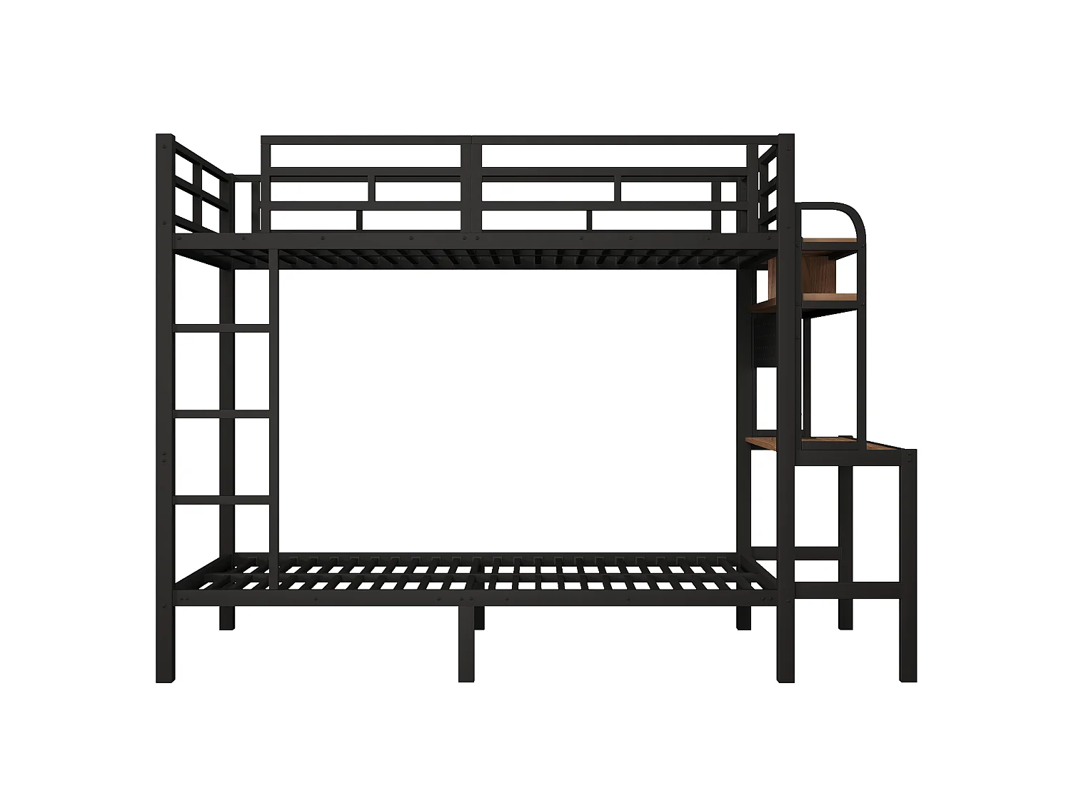 Stapelbed 90 x 200 cm met bureau, planken, ledverlichting en USB-poorten – Metaal en MDF – Veiligheidshekje – Zwart (Matras niet inbegrepen)