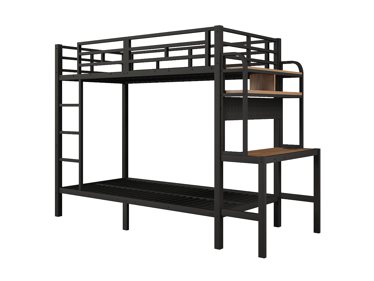 Stapelbed 90 x 200 cm met bureau, planken, ledverlichting en USB-poorten – Metaal en MDF – Veiligheidshekje – Zwart (Matras niet inbegrepen)