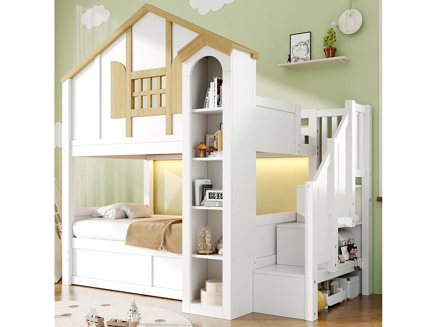 Castle-shaped bunk bed (2 x 90 x 200 cm) with hydraulic storage - LED lighting - Pine + MDF - White and natural finish (Mattress not included)
