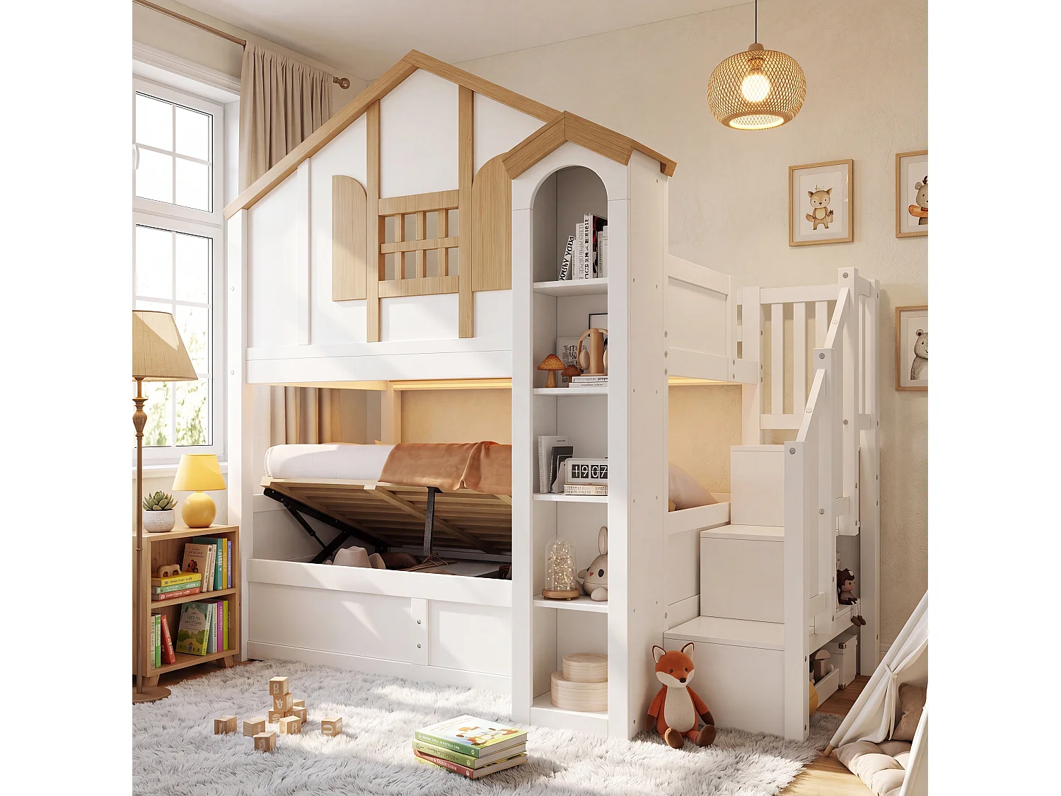 Castle-shaped bunk bed (2 x 90 x 200 cm) with hydraulic storage - LED lighting - Pine + MDF - White and natural finish (Mattress not included)