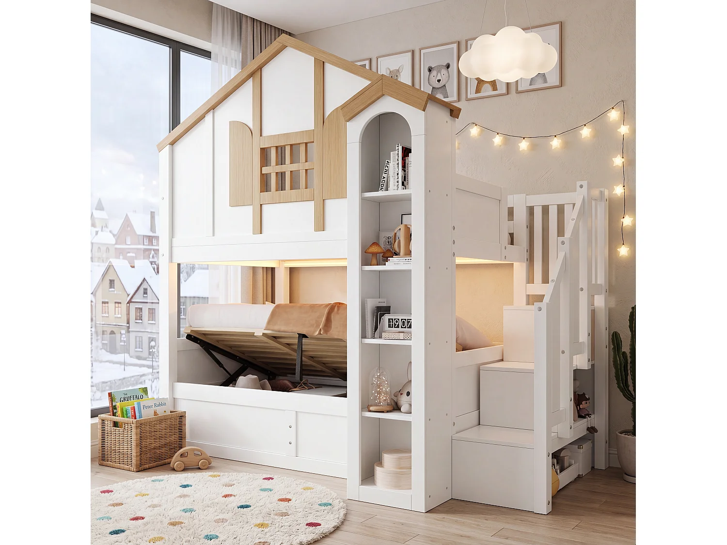 Castle-shaped bunk bed (2 x 90 x 200 cm) with hydraulic storage - LED lighting - Pine + MDF - White and natural finish (Mattress not included)