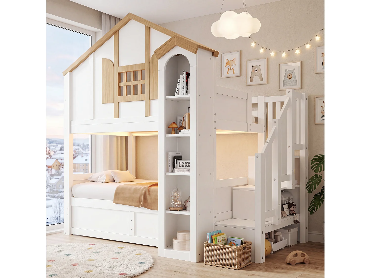 Castle-shaped bunk bed (2 x 90 x 200 cm) with hydraulic storage - LED lighting - Pine + MDF - White and natural finish (Mattress not included)