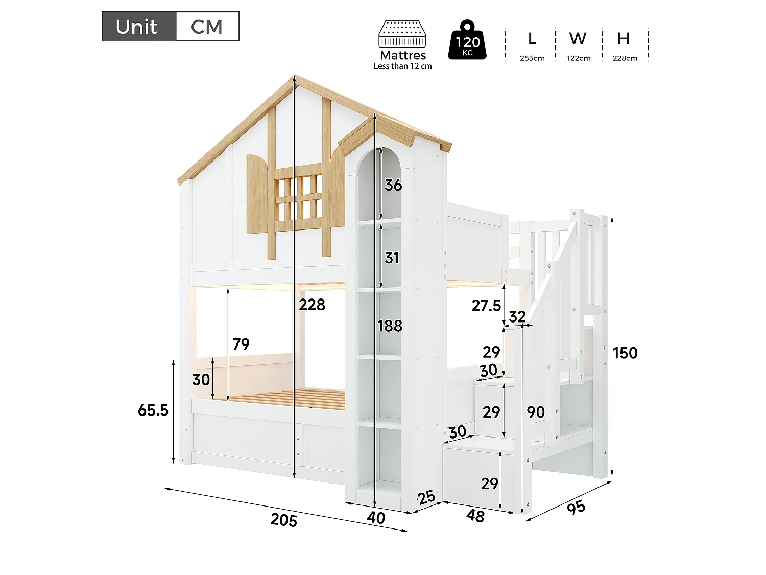 Castle-shaped bunk bed (2 x 90 x 200 cm) with hydraulic storage - LED lighting - Pine + MDF - White and natural finish (Mattress not included)