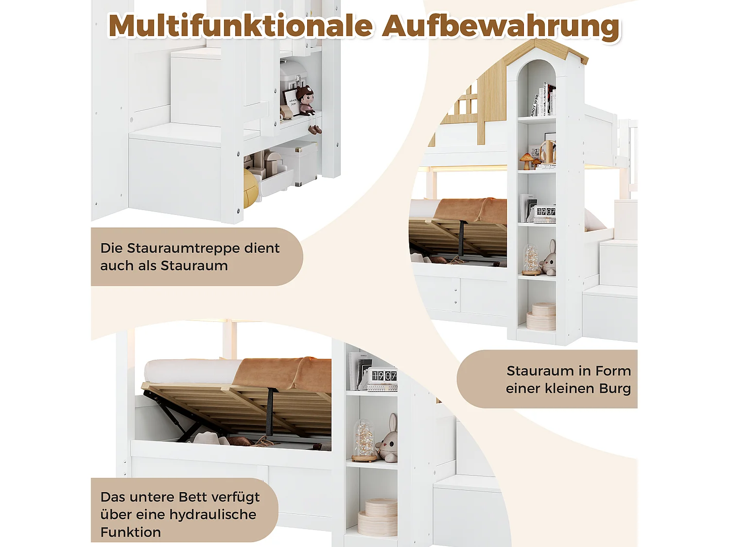Castle-shaped bunk bed (2 x 90 x 200 cm) with hydraulic storage - LED lighting - Pine + MDF - White and natural finish (Mattress not included)