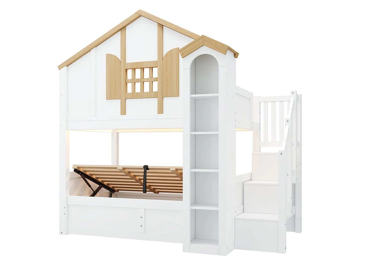 Castle-shaped bunk bed (2 x 90 x 200 cm) with hydraulic storage - LED lighting - Pine + MDF - White and natural finish (Mattress not included)