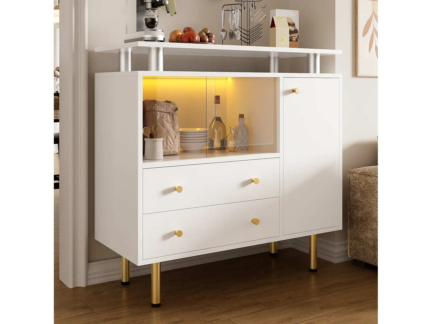Vitrine 2 portes en verre avec éclairage LED – 80 x 35 x 80 cm – Panneaux de particules et verre – Blanc