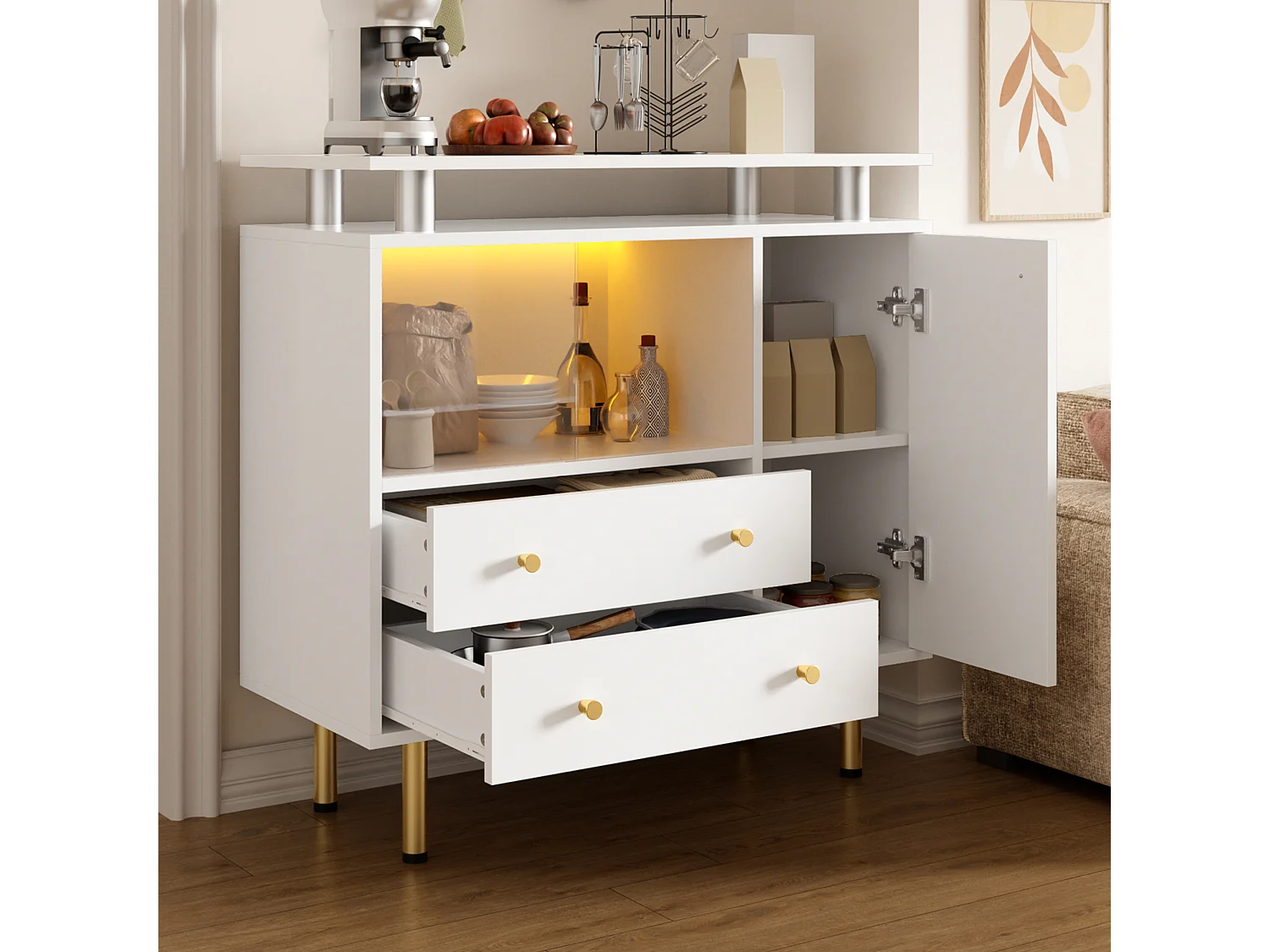 Vitrine 2 portes en verre avec éclairage LED – 80 x 35 x 80 cm – Panneaux de particules et verre – Blanc