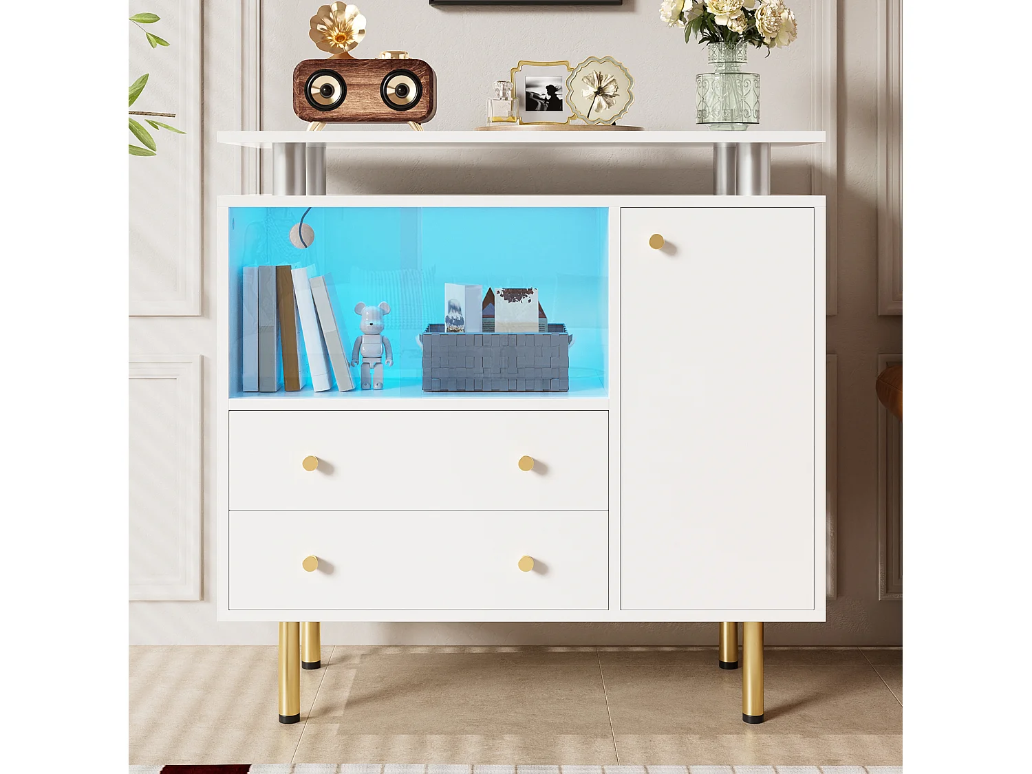 Vitrine 2 portes en verre avec éclairage LED – 80 x 35 x 80 cm – Panneaux de particules et verre – Blanc