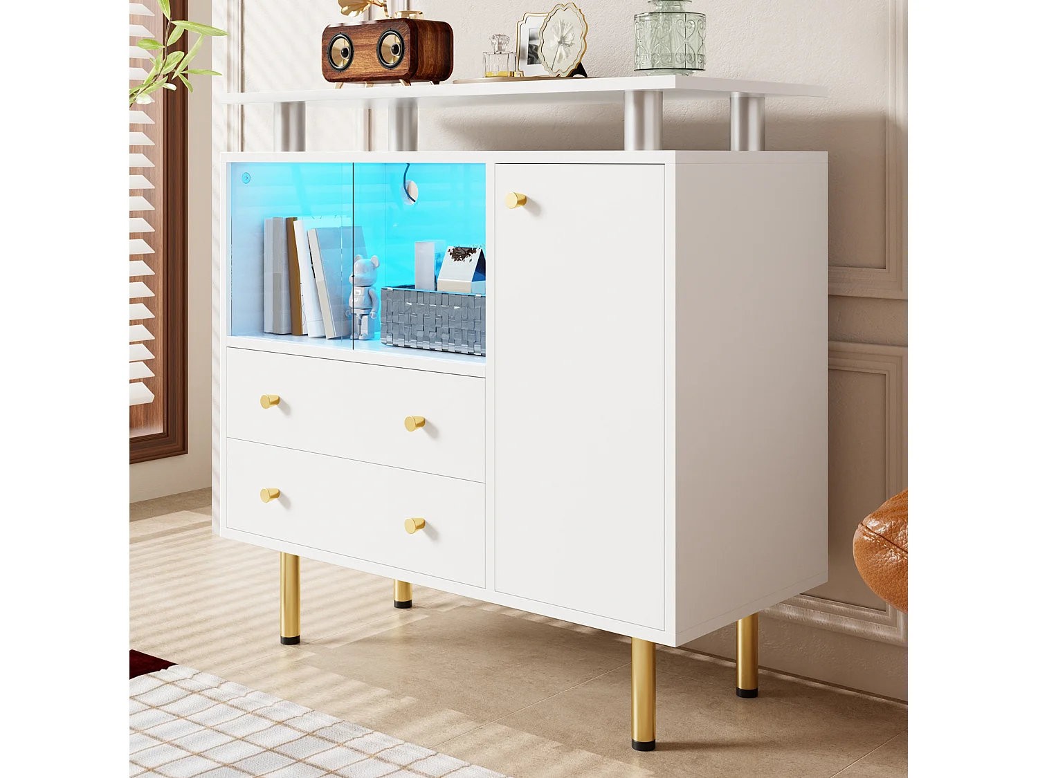 Vitrine 2 portes en verre avec éclairage LED – 80 x 35 x 80 cm – Panneaux de particules et verre – Blanc