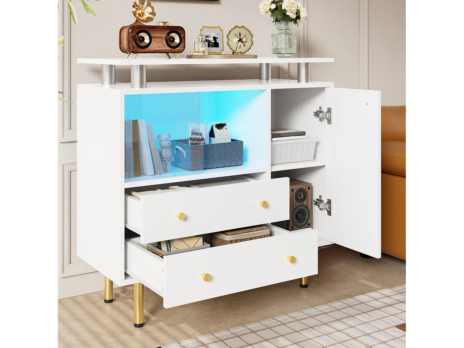 Vitrine 2 portes en verre avec éclairage LED – 80 x 35 x 80 cm – Panneaux de particules et verre – Blanc