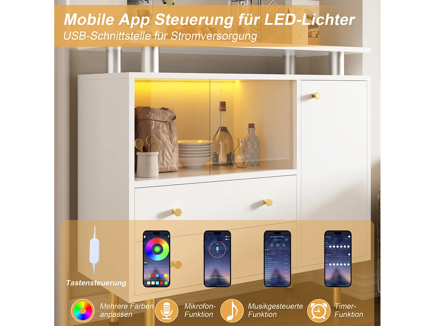 Vitrine 2 portes en verre avec éclairage LED – 80 x 35 x 80 cm – Panneaux de particules et verre – Blanc