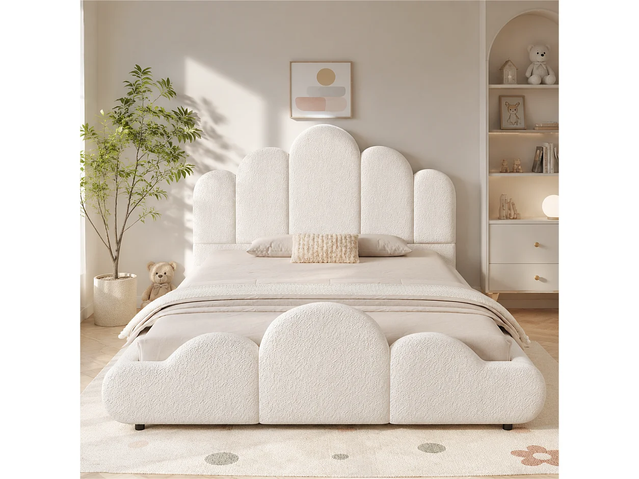 Upholstered children's bed 140 x 200 cm with padded cloud headboard and rounded corners - Bouclé - Beige (Mattress not included)