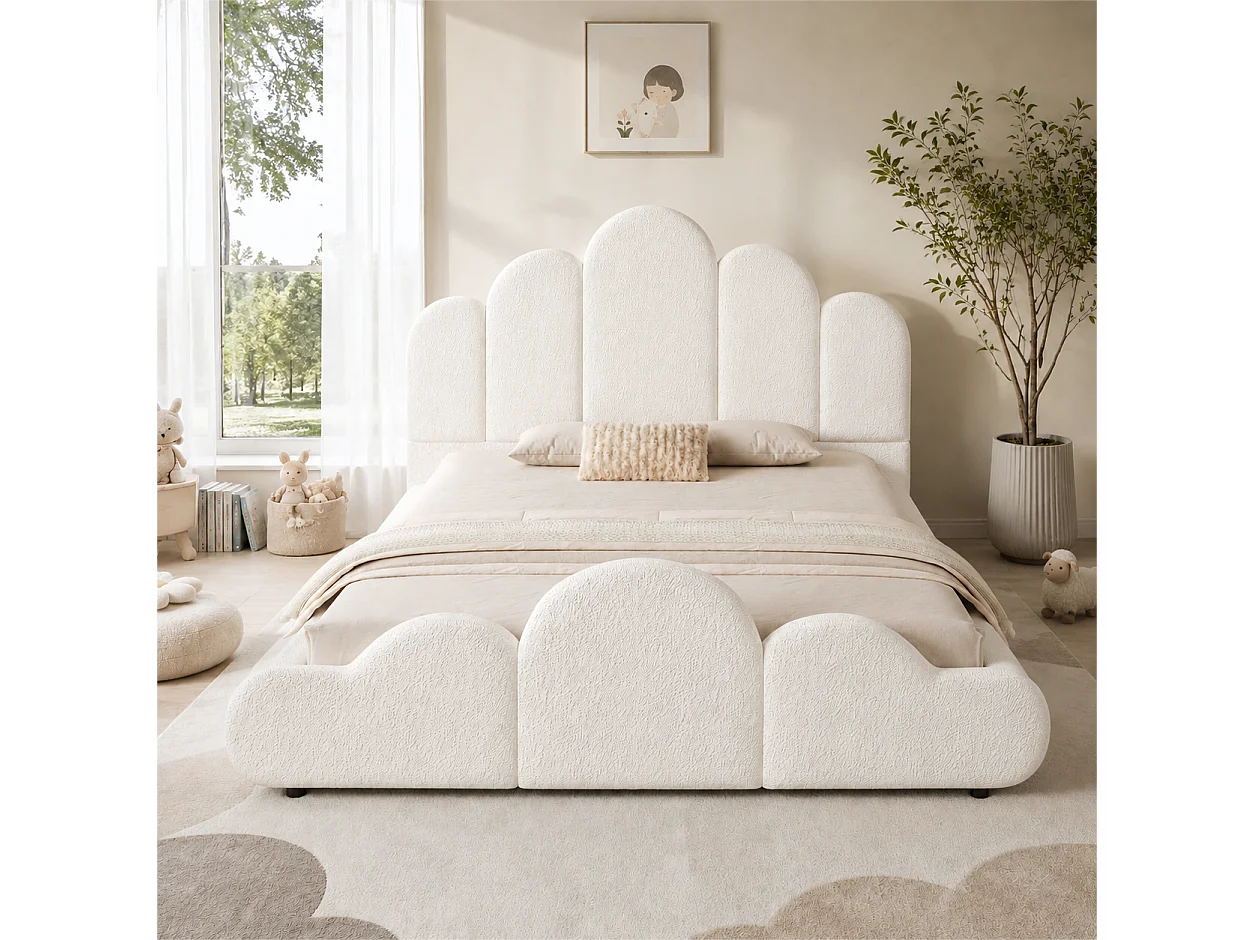 Upholstered children's bed 140 x 200 cm with padded cloud headboard and rounded corners - Bouclé - Beige (Mattress not included)