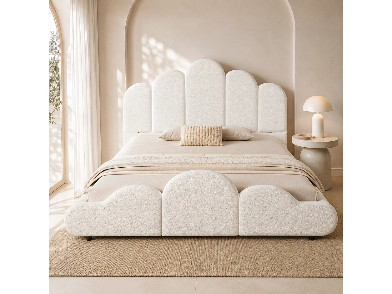 Upholstered children's bed 140 x 200 cm with padded cloud headboard and rounded corners - Bouclé - Beige (Mattress not included)