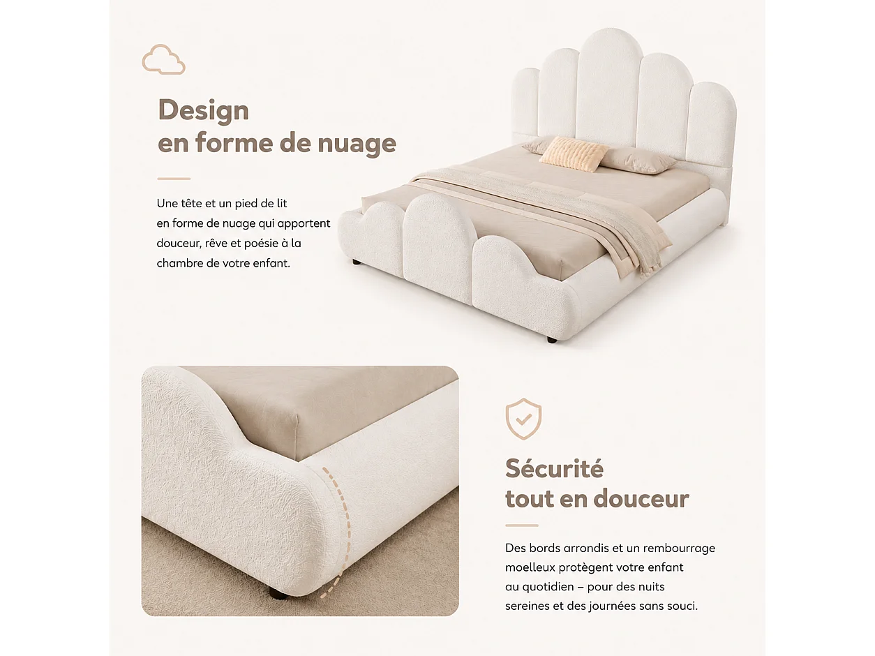 Upholstered children's bed 140 x 200 cm with padded cloud headboard and rounded corners - Bouclé - Beige (Mattress not included)