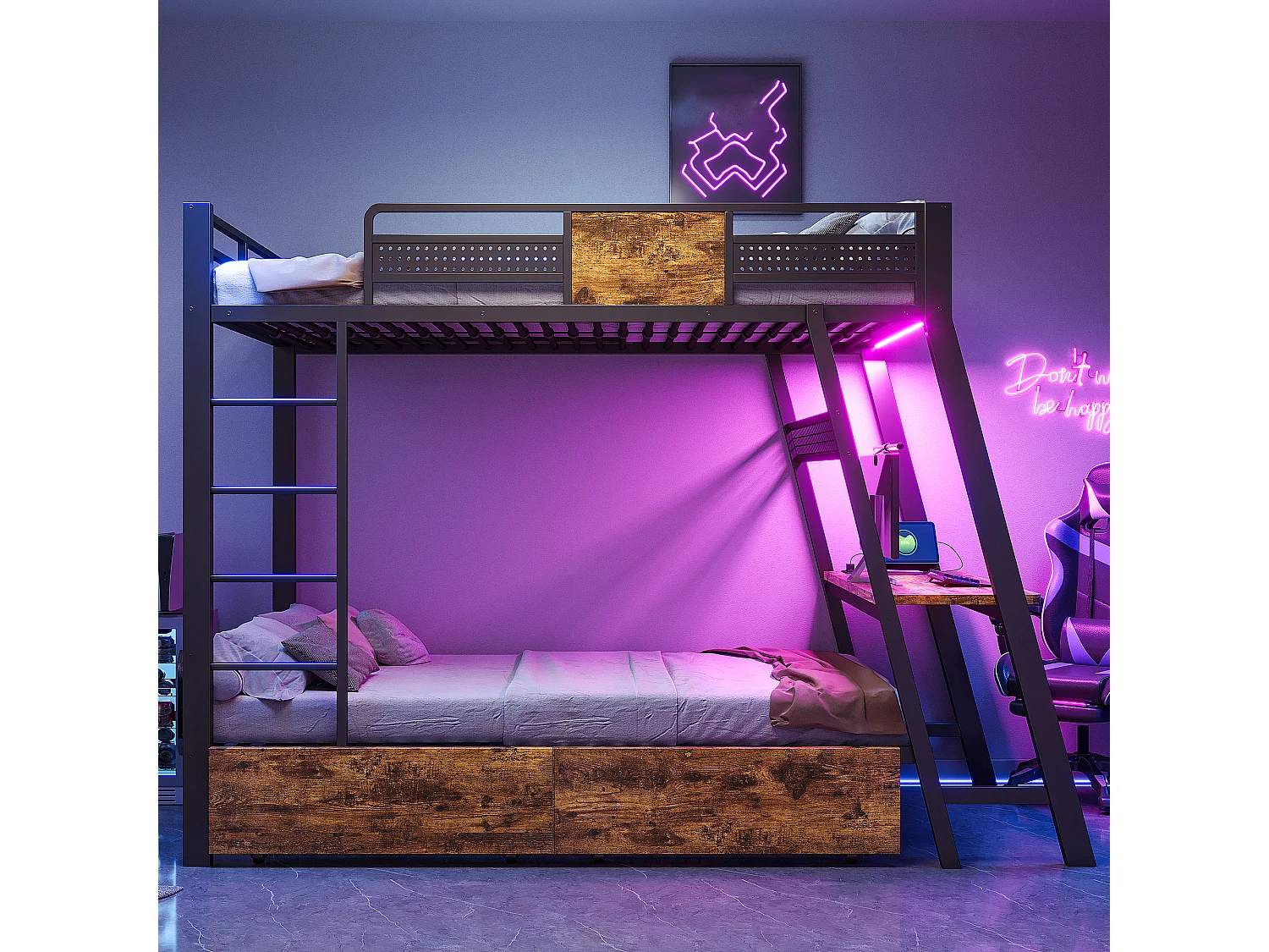 Køjeseng 90 x 200 cm med skrivebord, stikkontakter, USB & Type-C, LED, 2 skuffer - Metal + MDF - Sort (Madras medfølger ikke)