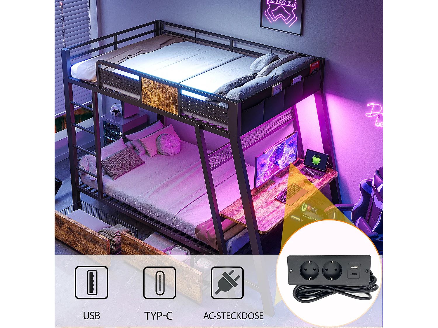 Køjeseng 90 x 200 cm med skrivebord, stikkontakter, USB & Type-C, LED, 2 skuffer - Metal + MDF - Sort (Madras medfølger ikke)