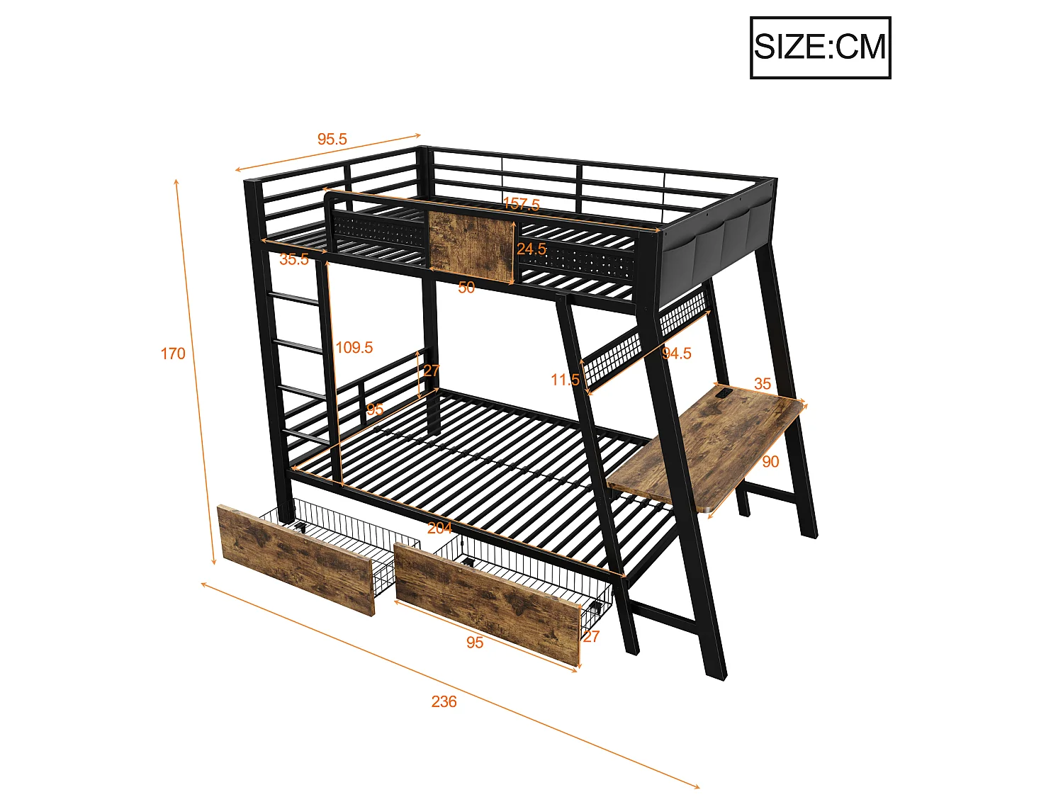 Køjeseng 90 x 200 cm med skrivebord, stikkontakter, USB & Type-C, LED, 2 skuffer - Metal + MDF - Sort (Madras medfølger ikke)