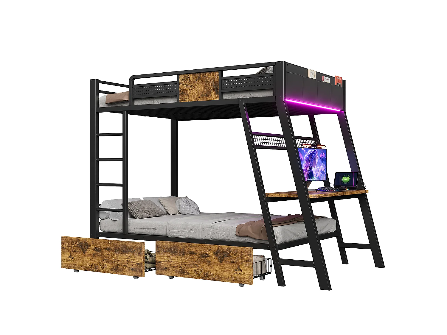 Køjeseng 90 x 200 cm med skrivebord, stikkontakter, USB & Type-C, LED, 2 skuffer - Metal + MDF - Sort (Madras medfølger ikke)