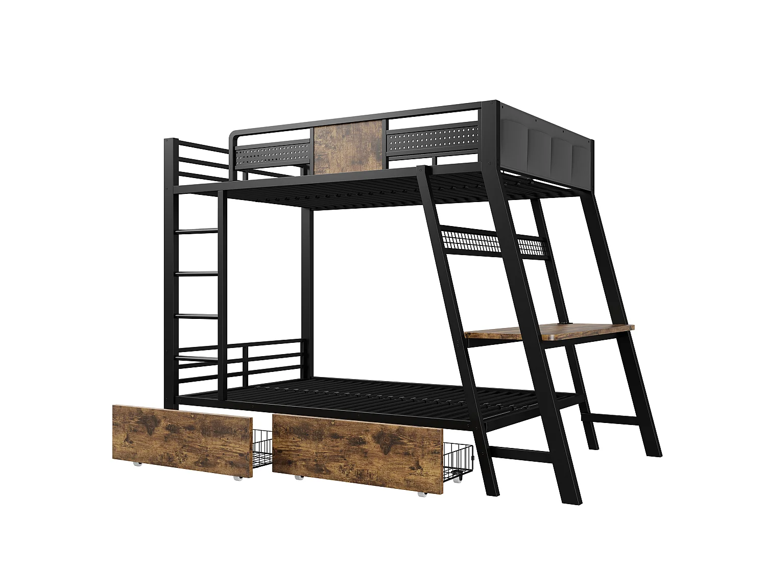 Køjeseng 90 x 200 cm med skrivebord, stikkontakter, USB & Type-C, LED, 2 skuffer - Metal + MDF - Sort (Madras medfølger ikke)