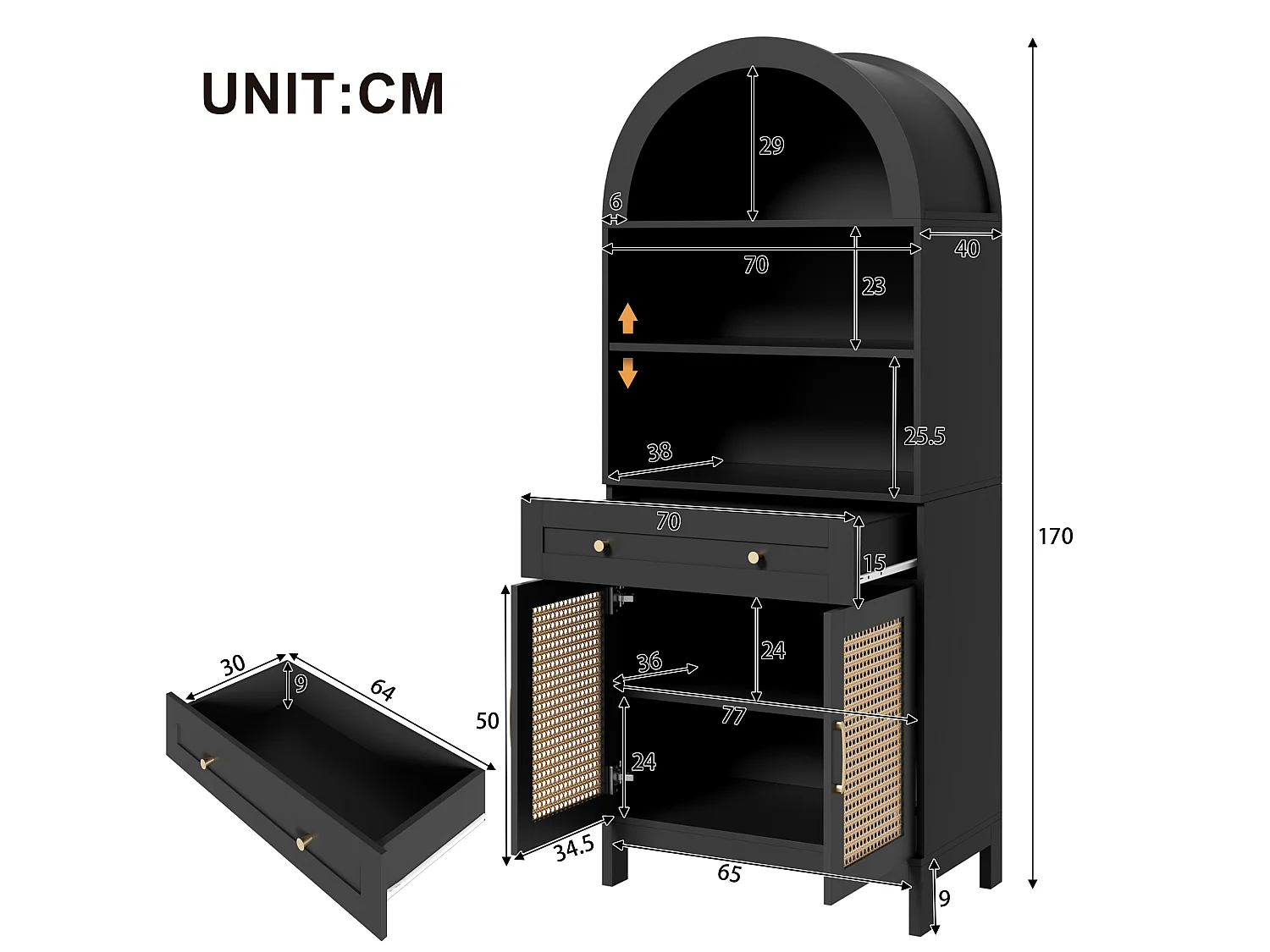 Vitrine avec 2 portes en rotin, 3 étagères ouvertes et 1 tiroir - Panneaux de particules et MDF - 70 x 40 x 170 cm - Noir et bois