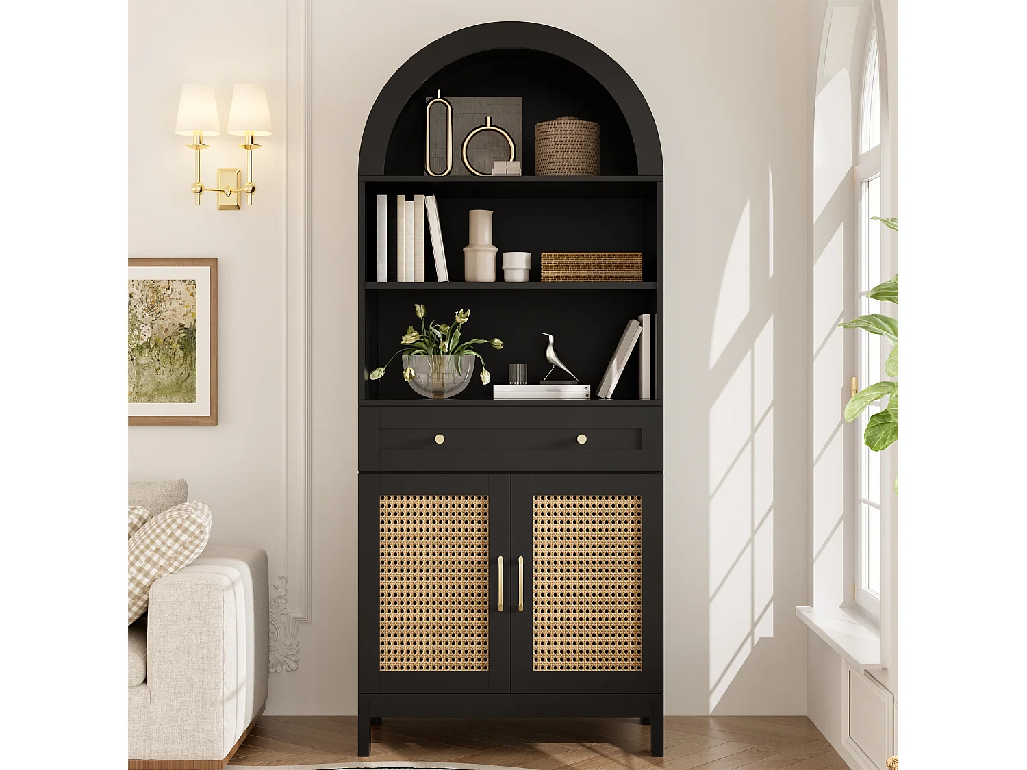 Vitrine avec 2 portes en rotin, 3 étagères ouvertes et 1 tiroir - Panneaux de particules et MDF - 70 x 40 x 170 cm - Noir et bois