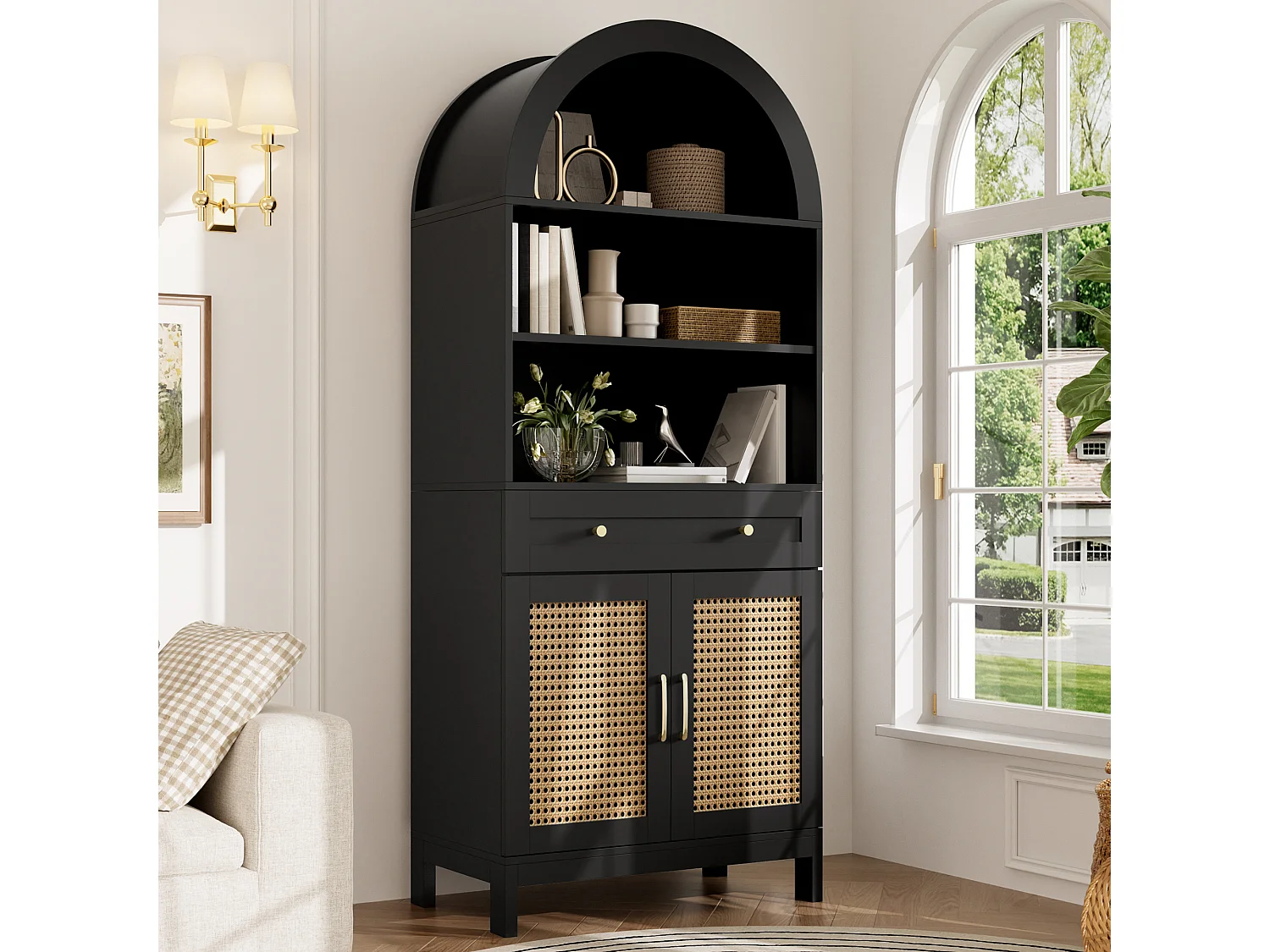 Vitrine avec 2 portes en rotin, 3 étagères ouvertes et 1 tiroir - Panneaux de particules et MDF - 70 x 40 x 170 cm - Noir et bois