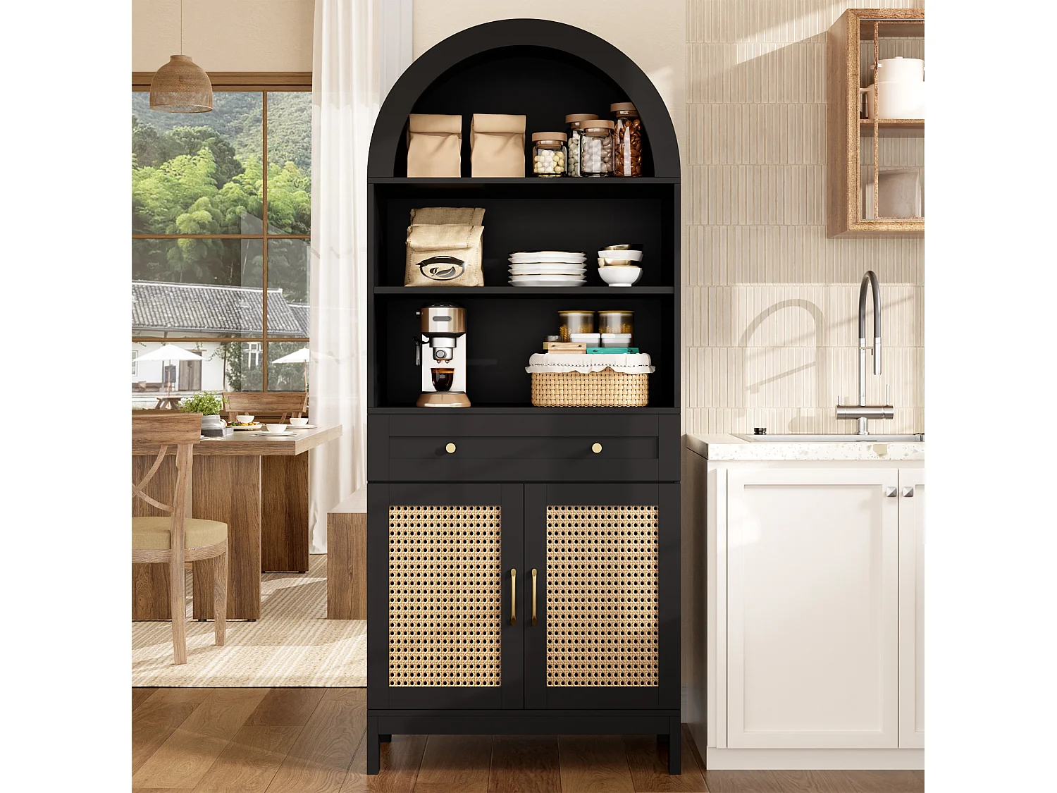 Vitrine avec 2 portes en rotin, 3 étagères ouvertes et 1 tiroir - Panneaux de particules et MDF - 70 x 40 x 170 cm - Noir et bois