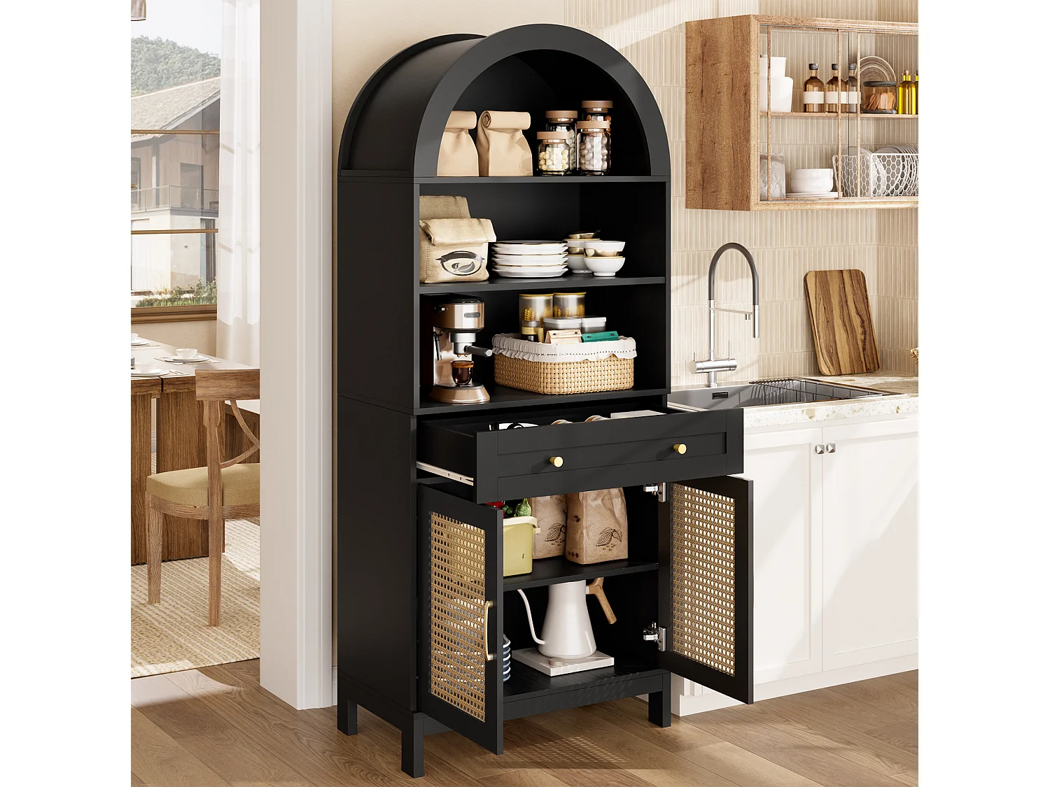 Vitrine avec 2 portes en rotin, 3 étagères ouvertes et 1 tiroir - Panneaux de particules et MDF - 70 x 40 x 170 cm - Noir et bois