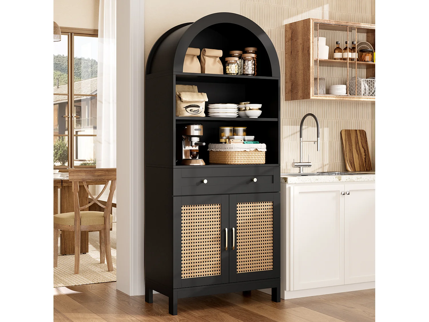 Vitrine avec 2 portes en rotin, 3 étagères ouvertes et 1 tiroir - Panneaux de particules et MDF - 70 x 40 x 170 cm - Noir et bois
