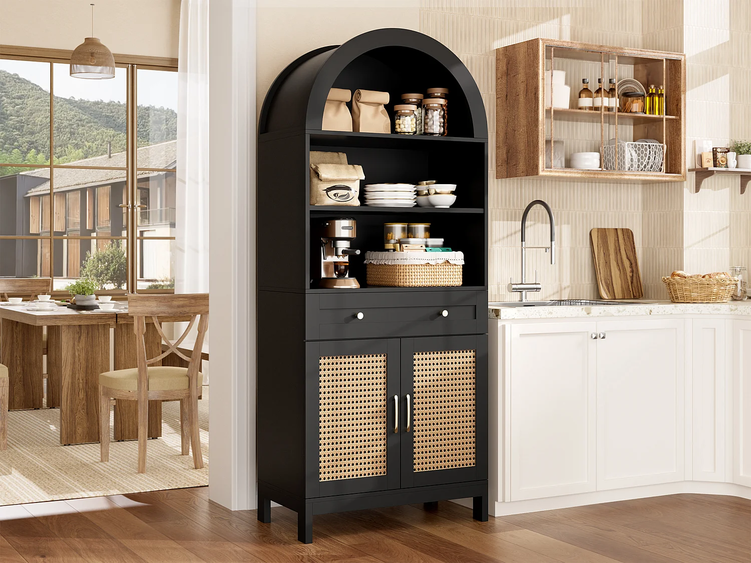 Vitrine avec 2 portes en rotin, 3 étagères ouvertes et 1 tiroir - Panneaux de particules et MDF - 70 x 40 x 170 cm - Noir et bois