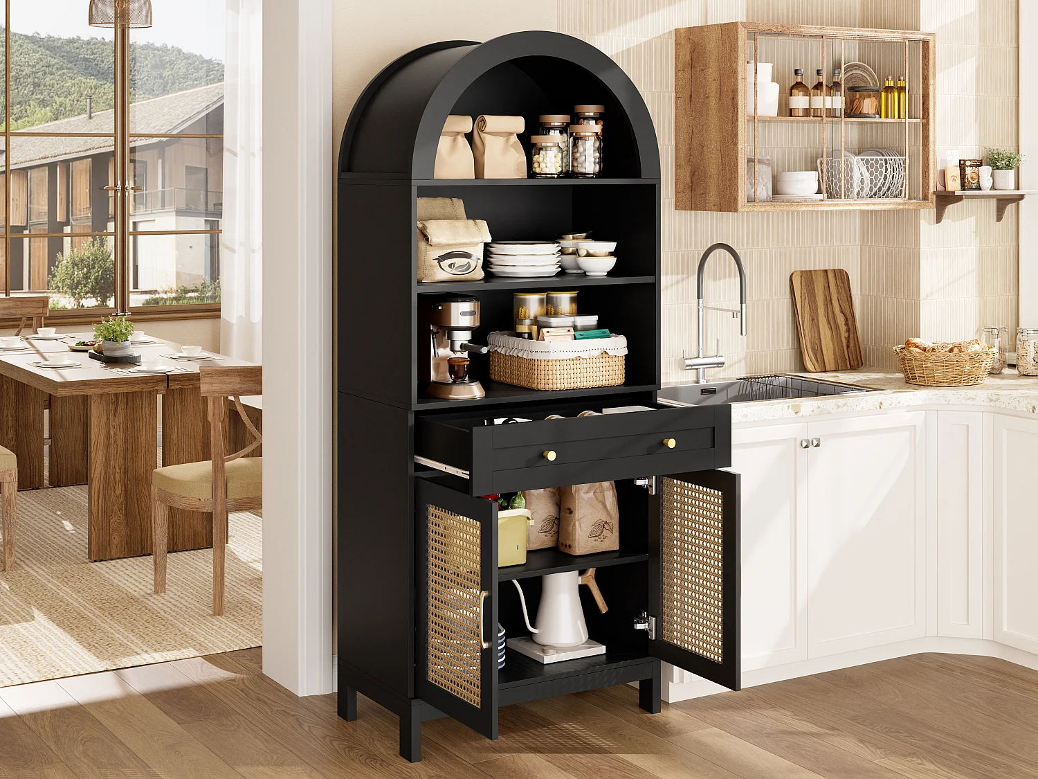 Vitrine avec 2 portes en rotin, 3 étagères ouvertes et 1 tiroir - Panneaux de particules et MDF - 70 x 40 x 170 cm - Noir et bois