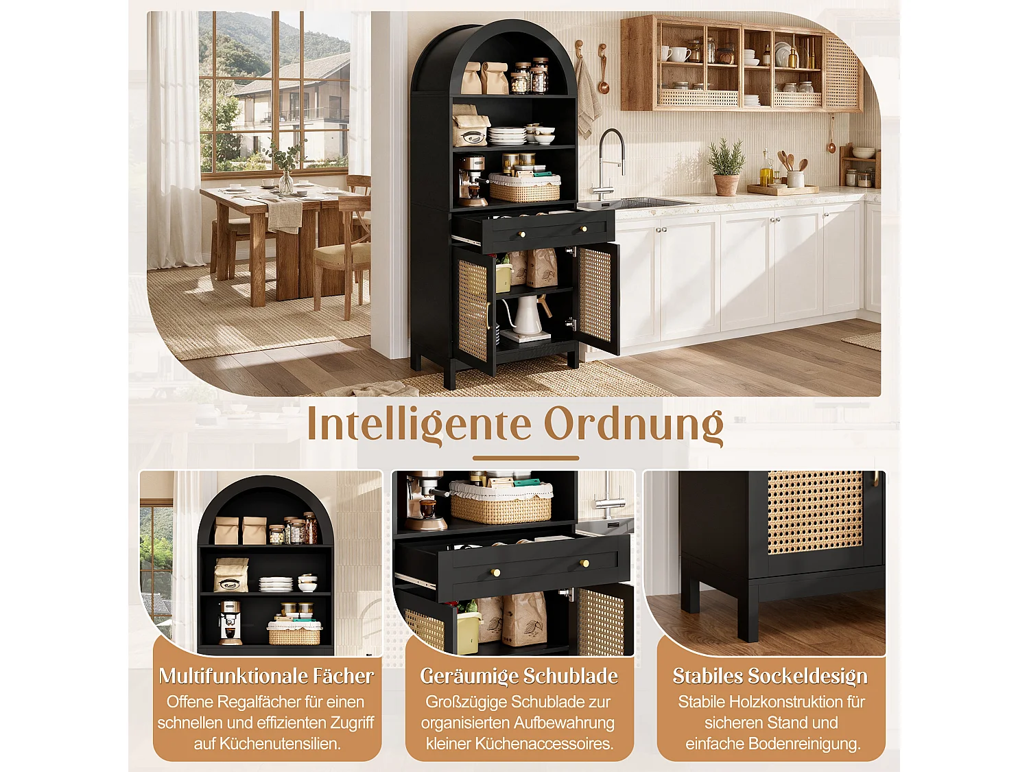 Vitrine avec 2 portes en rotin, 3 étagères ouvertes et 1 tiroir - Panneaux de particules et MDF - 70 x 40 x 170 cm - Noir et bois