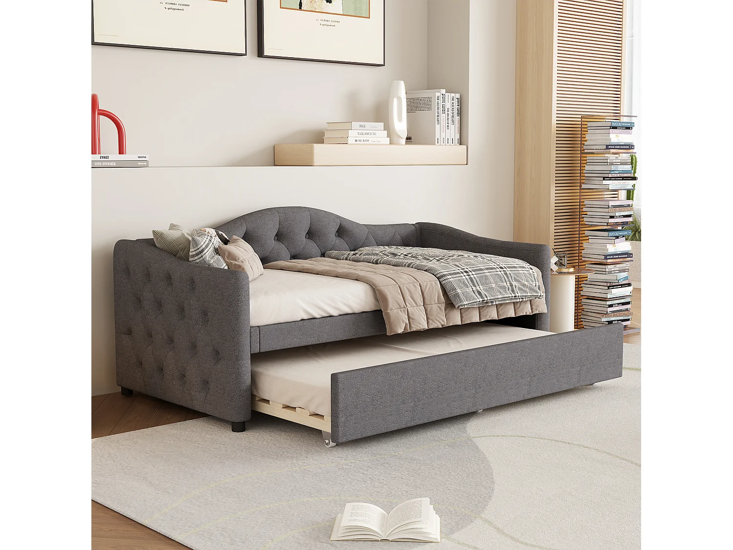 Cama auxiliar 90 x 200 cm com cama extraível 90 x 190 cm - Linho e MDF - 12 ripas - Carga máxima 150 kg - Cinza (Colchão não incluído)