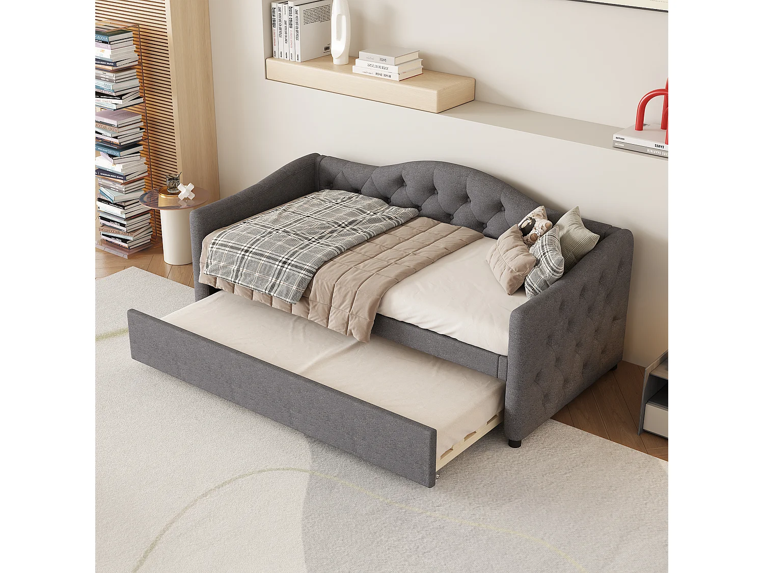 Cama auxiliar 90 x 200 cm com cama extraível 90 x 190 cm - Linho e MDF - 12 ripas - Carga máxima 150 kg - Cinza (Colchão não incluído)