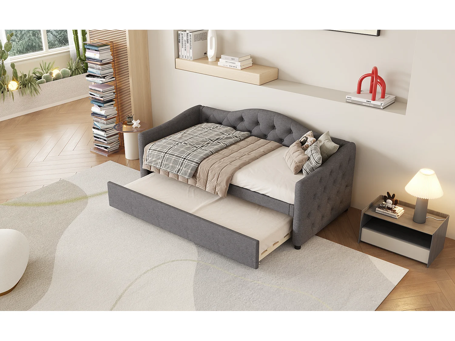Cama auxiliar 90 x 200 cm com cama extraível 90 x 190 cm - Linho e MDF - 12 ripas - Carga máxima 150 kg - Cinza (Colchão não incluído)