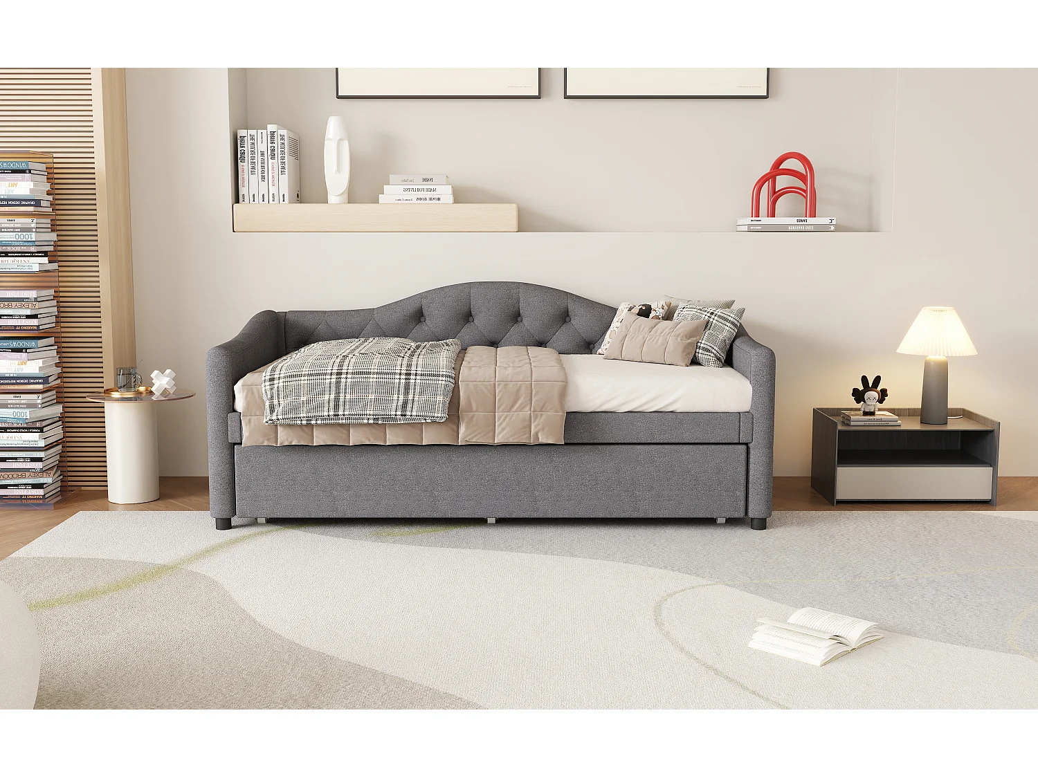 Cama auxiliar 90 x 200 cm com cama extraível 90 x 190 cm - Linho e MDF - 12 ripas - Carga máxima 150 kg - Cinza (Colchão não incluído)