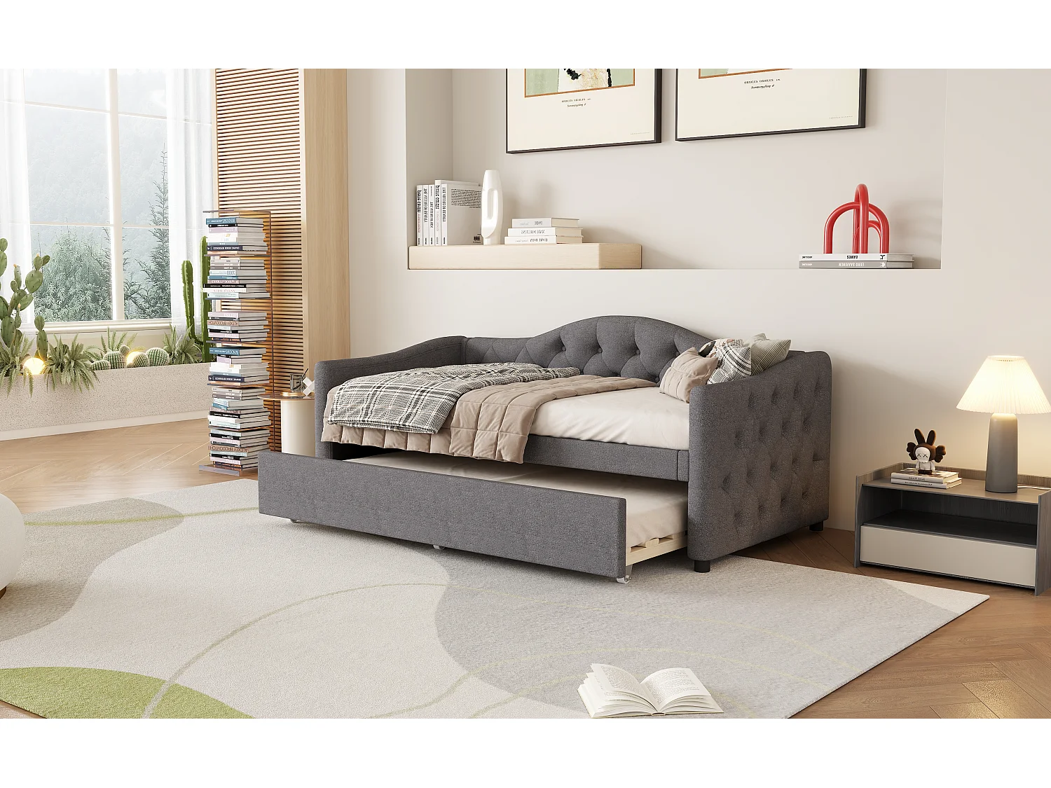 Cama auxiliar 90 x 200 cm com cama extraível 90 x 190 cm - Linho e MDF - 12 ripas - Carga máxima 150 kg - Cinza (Colchão não incluído)