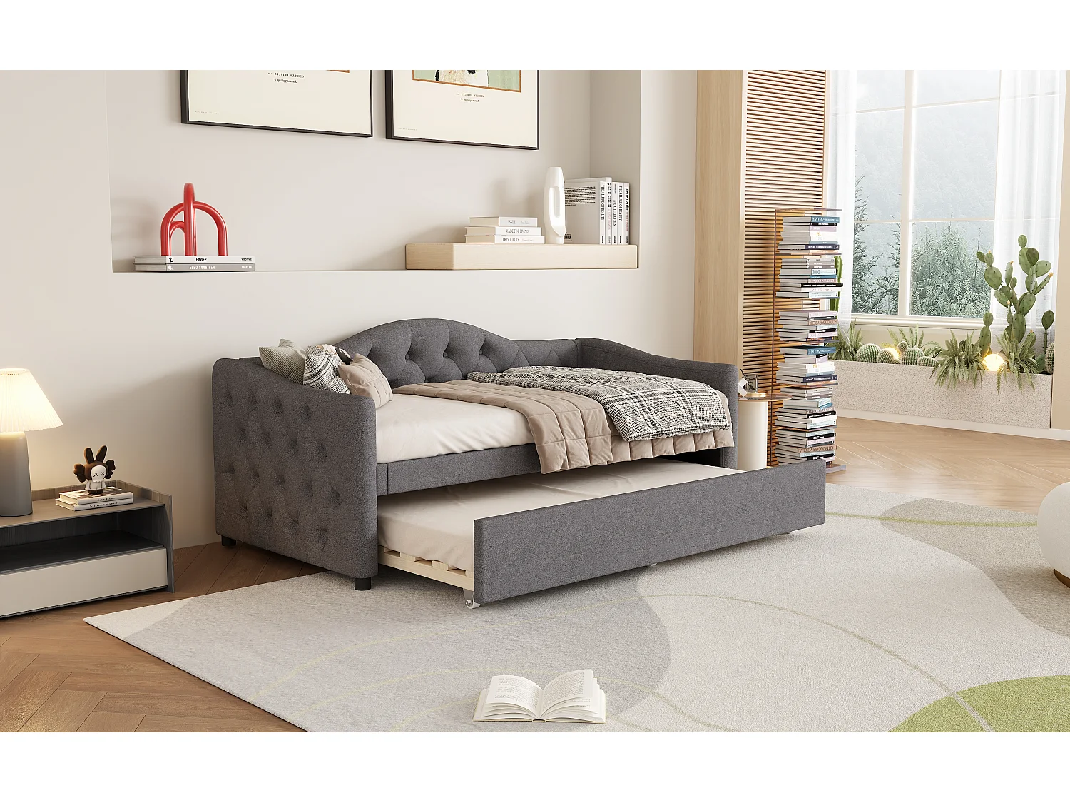 Cama auxiliar 90 x 200 cm com cama extraível 90 x 190 cm - Linho e MDF - 12 ripas - Carga máxima 150 kg - Cinza (Colchão não incluído)