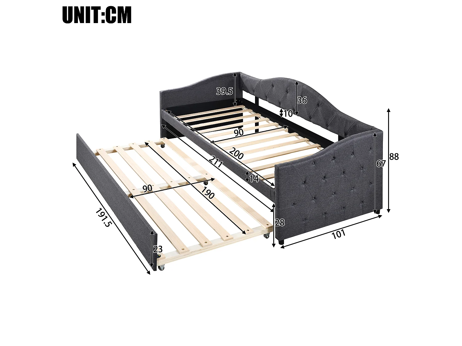 Cama auxiliar 90 x 200 cm com cama extraível 90 x 190 cm - Linho e MDF - 12 ripas - Carga máxima 150 kg - Cinza (Colchão não incluído)