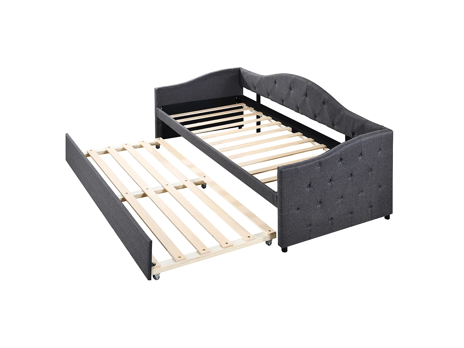 Cama auxiliar 90 x 200 cm com cama extraível 90 x 190 cm - Linho e MDF - 12 ripas - Carga máxima 150 kg - Cinza (Colchão não incluído)