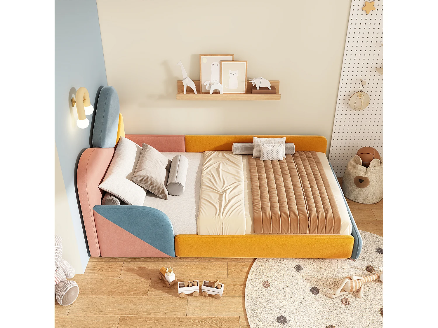 Kinderbed 90 x 200 cm met zijhekjes en valbeveiliging – Fluweel – Blauw/Roze/Oranje (Matras niet inbegrepen)