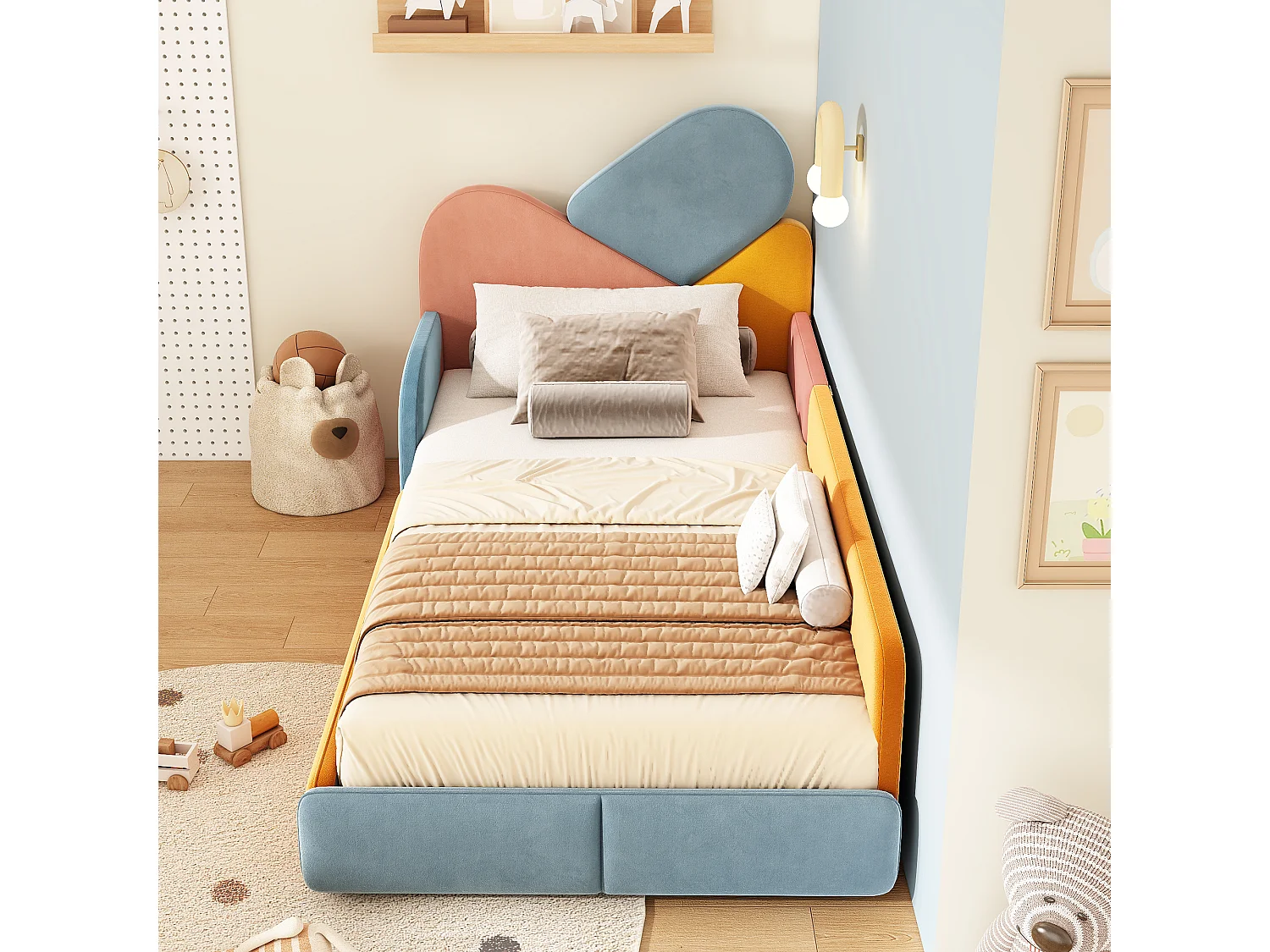 Kinderbed 90 x 200 cm met zijhekjes en valbeveiliging – Fluweel – Blauw/Roze/Oranje (Matras niet inbegrepen)