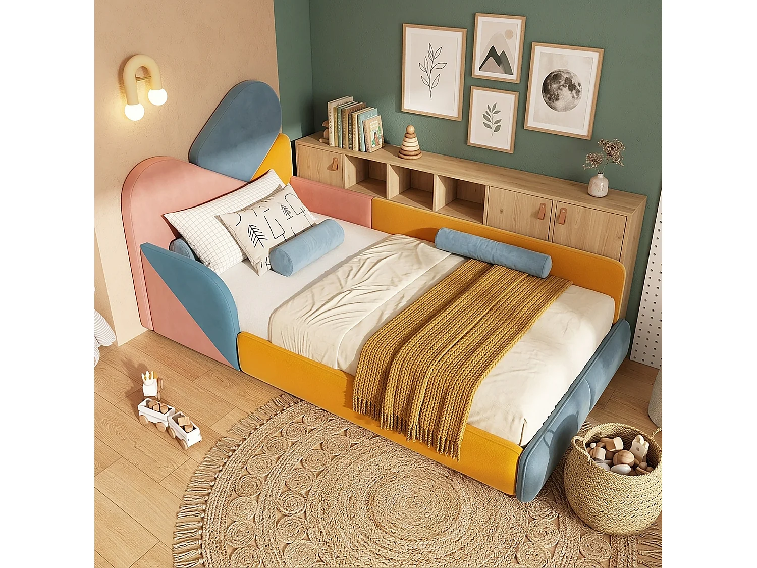 Kinderbed 90 x 200 cm met zijhekjes en valbeveiliging – Fluweel – Blauw/Roze/Oranje (Matras niet inbegrepen)