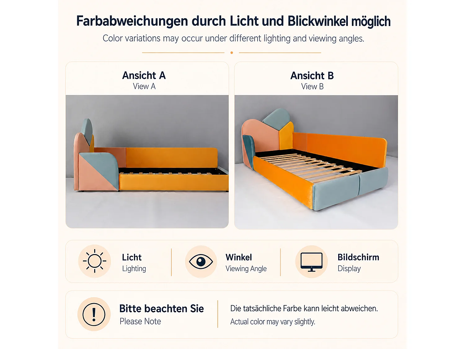 Kinderbed 90 x 200 cm met zijhekjes en valbeveiliging – Fluweel – Blauw/Roze/Oranje (Matras niet inbegrepen)