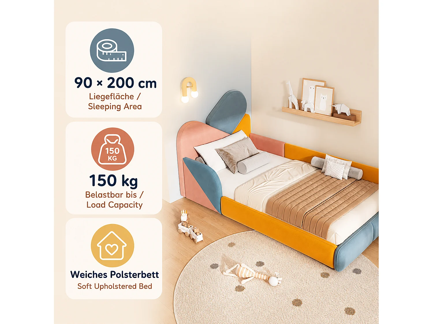 Kinderbed 90 x 200 cm met zijhekjes en valbeveiliging – Fluweel – Blauw/Roze/Oranje (Matras niet inbegrepen)