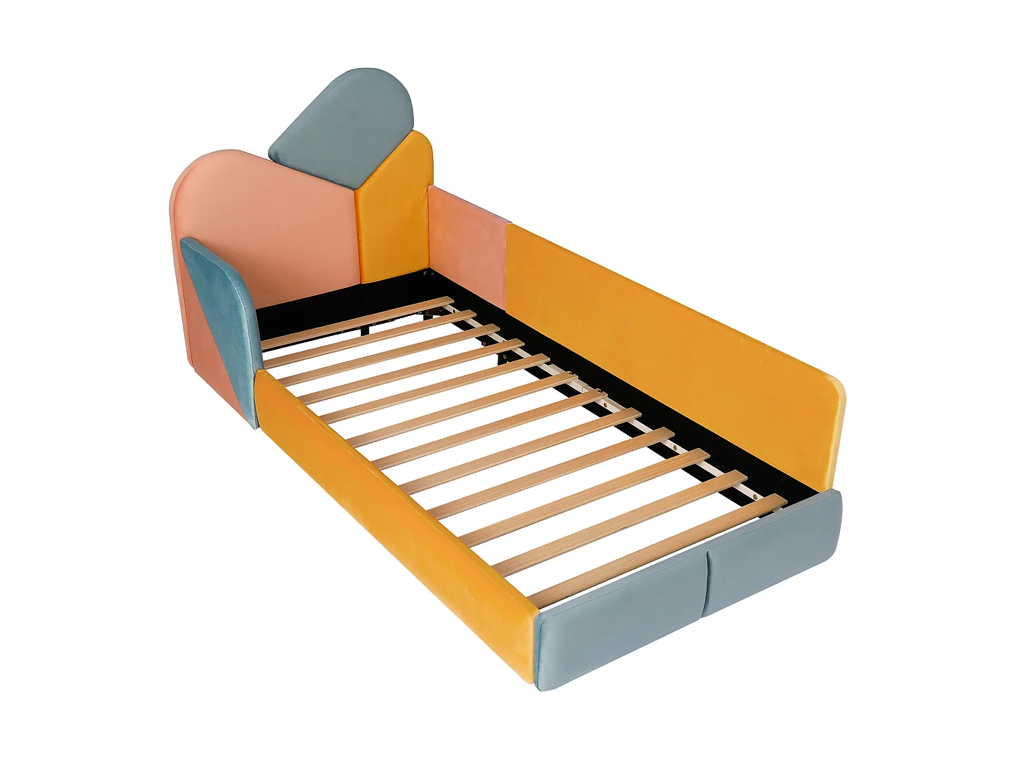 Kinderbed 90 x 200 cm met zijhekjes en valbeveiliging – Fluweel – Blauw/Roze/Oranje (Matras niet inbegrepen)