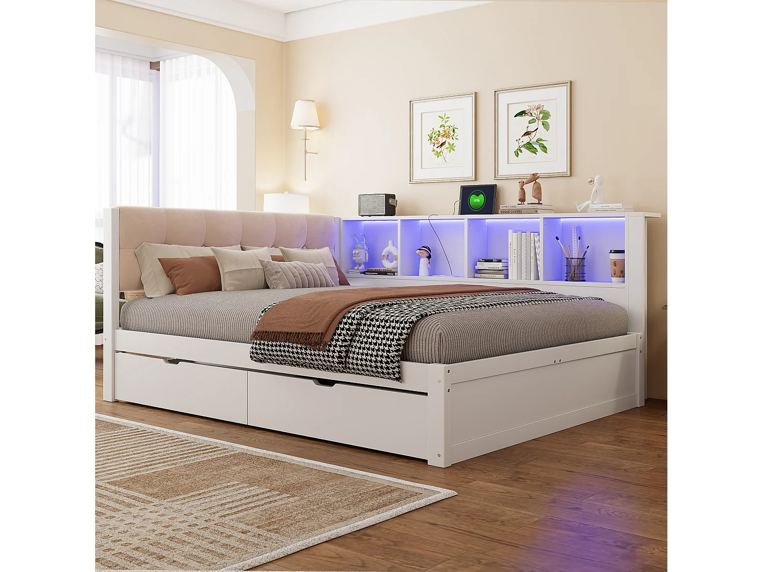 140 x 200 cm bed with 2 drawers, 4 compartments, USB and LED - Solid pine and MDF - White (Mattress not included)